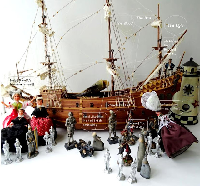 Pirates landed on Âsïnũs Island Nautical Tablescape Pirates landed on Âsïnũs Island featuring Pirates, Knights, Folk Dolls Figurines and a wonderful mighty Galleon