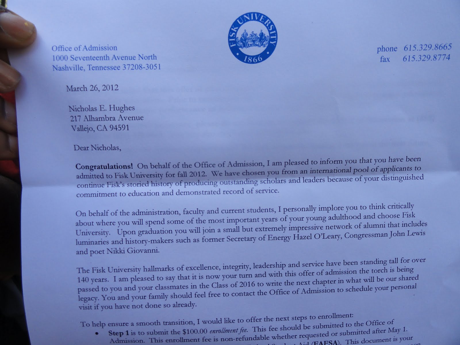 adkins college tour acceptance celebration introducing letter