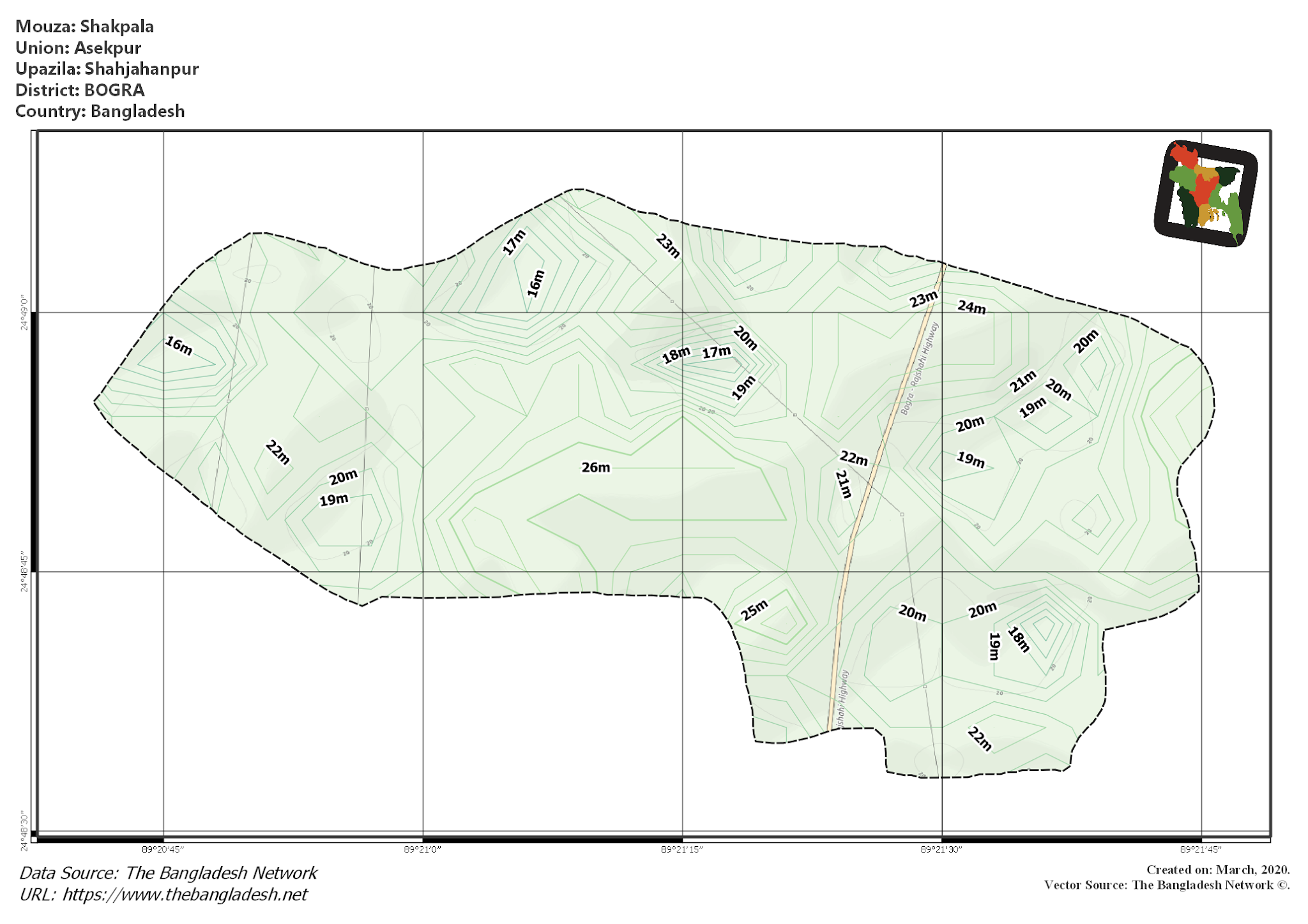 Map of Shakpala Mouza of Shahjahanpur Upazila, BOGRA, Bangladesh.