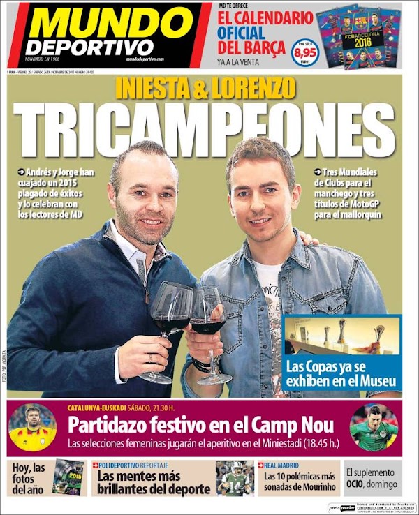 FC Barcelona, Mundo Deportivo: "Iniesta & Lorenzo, Tricampeones"