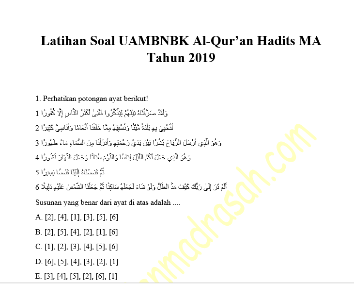 Latihan Soal Uambnbk Al Qur An Hadits Ma Tahun 2019 Dan Kuncinya Bahan Belajar