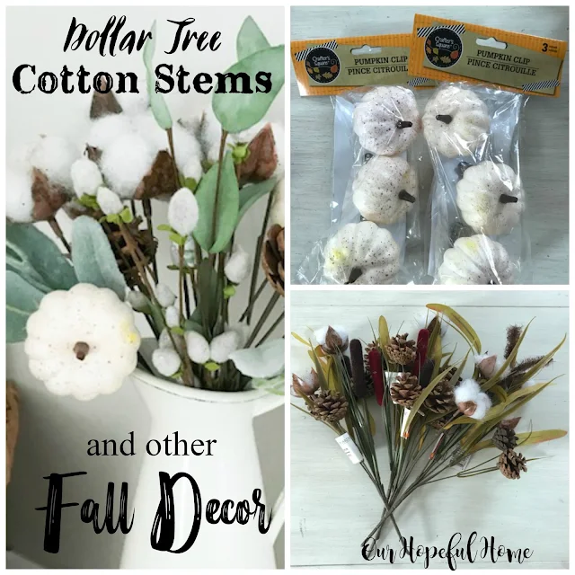 Dollar Tree cotton boll stem baby boo pumpkin fall bouquet decor