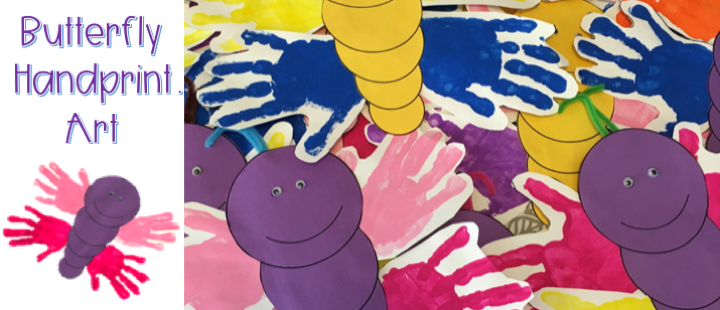 Butterfly Handprint Art Projects for spring.  Use paint and my free body template to create this adorable butterfly to decorate bulletin boards or windows.  this is a great art project for open house and fun for pre-school and kindergarten students.