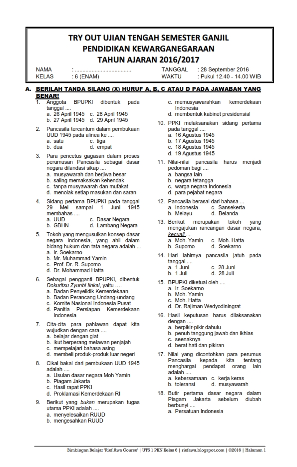 Soal Try Out Pkn Kelas 6 Sd Dan Kunci Jawaban – IlmuSosial.id