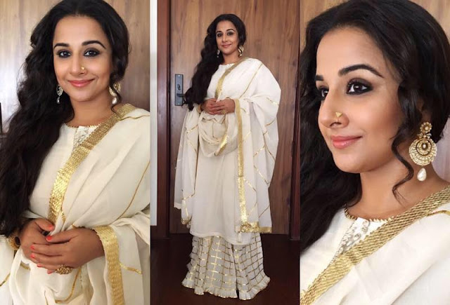 Vidya Balan in Jewellery by MiRA by Radhika Jain and outfit by Sukriti & Aakriti for movie promotions event