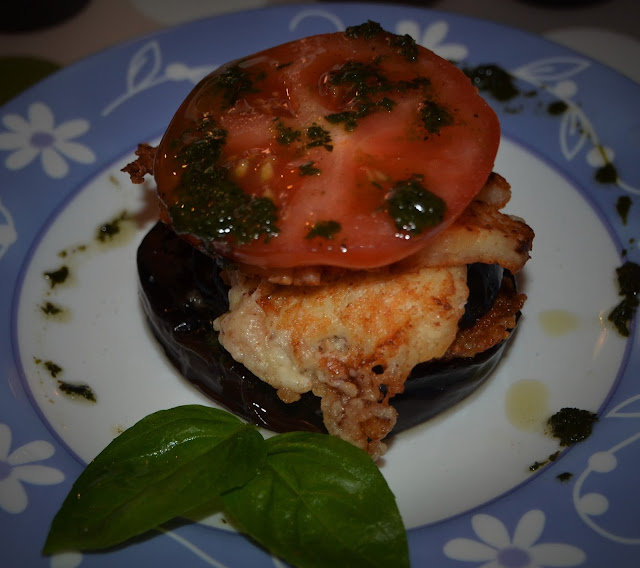 Tomato halloumi and eggplant starter