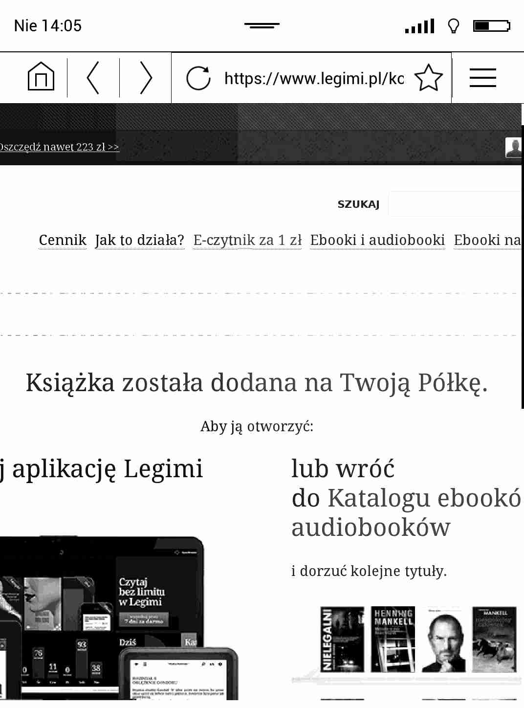 Książka dodana na półkę - zrzut z przeglądarki internetowej z otwartą stroną Legimi na czytniku PocketBook Touch HD 2