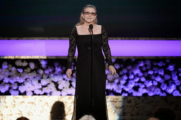 Carrie Fisher in Square-Neck Gown
