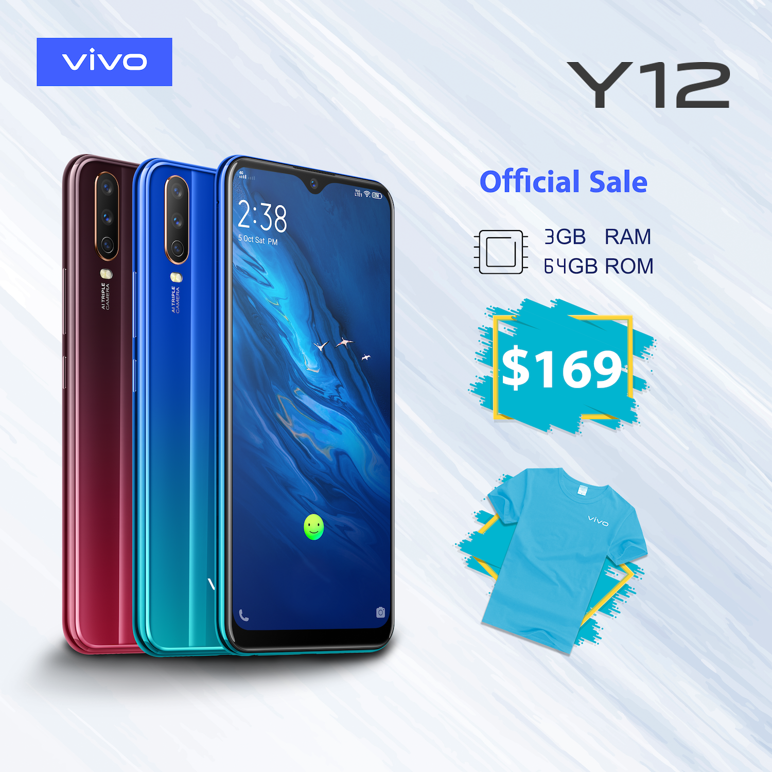 Vivo Y12 Ram កាមេរ៉ាក្រោយ 3គ្រាប់ ថាមពលថ្មយក្ស 5000mAh