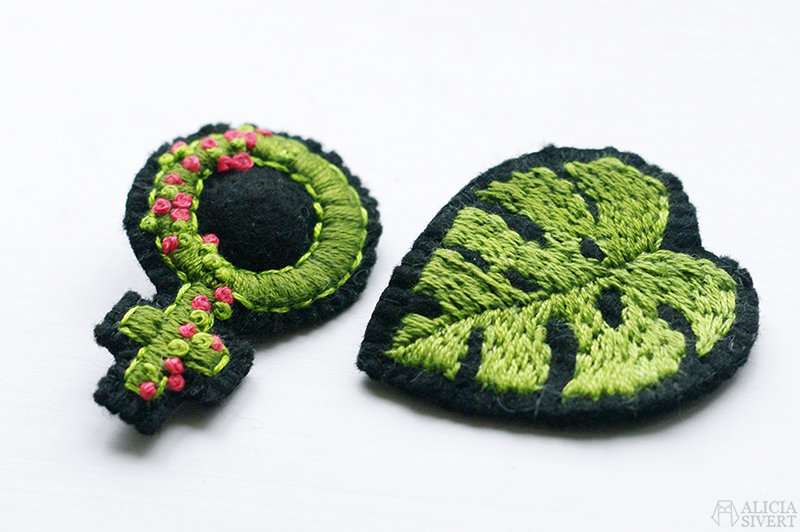 Venus and monstera leaf, hand embroidered brooches by Alicia Sivertsson.