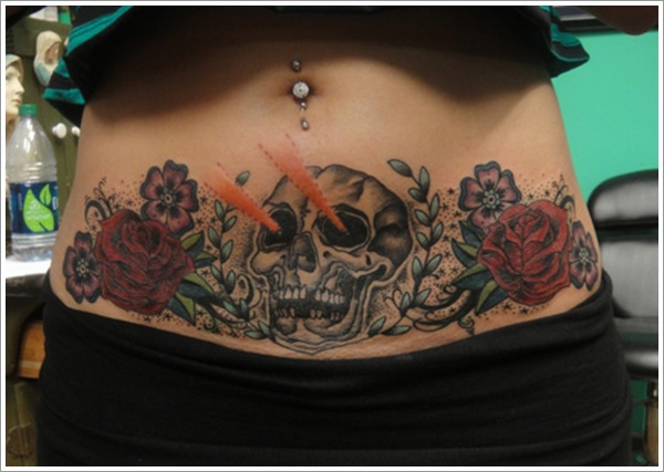 Amazing Skull & Flower Stomach Tattoo