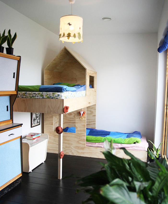 plywood bunk bed in a modern room 