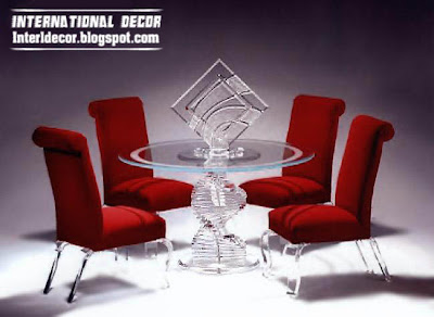 luxurious glass dining room furniture, glass table with red chairs glass legs