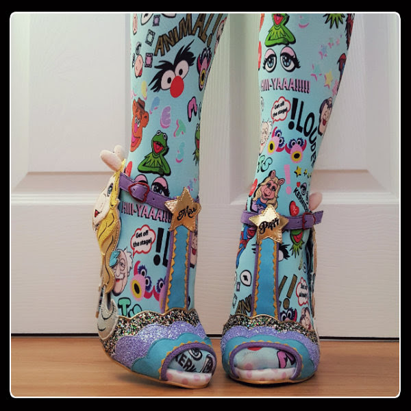 wearing Irregular Choice Original Diva Miss Piggy shoes front front view wearing t-bar Miss Piggy sandals with Muppets tights