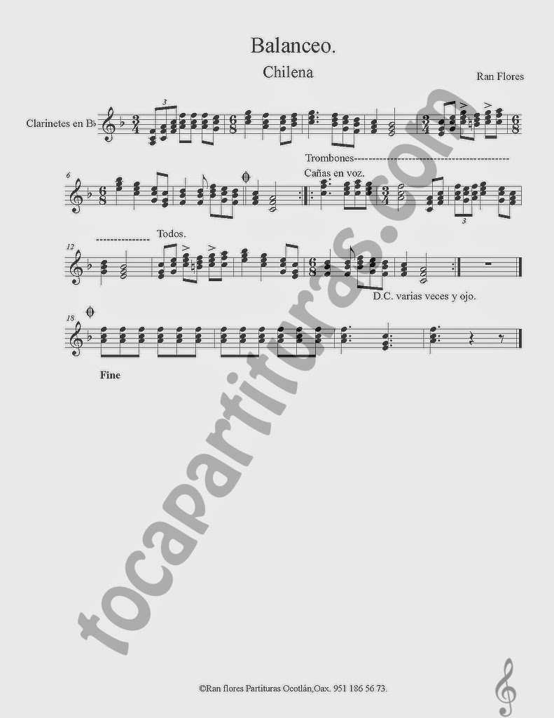 Partitura de Balanceo en Si bemol para Clarinete. La partitura puede servir también para Saxo Tenor y Saxofón Soprano en Si bemol
