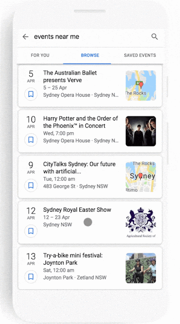 GIF showing 'Events near me' in Sydney, and selection of the Sydney Easter Show