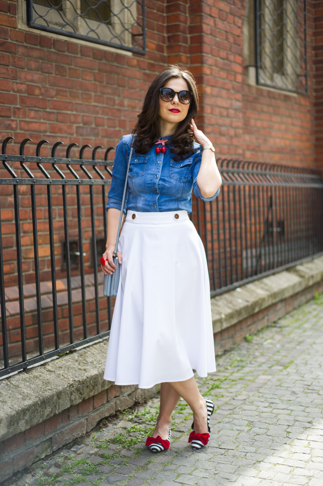 denim shirt and skirt outfit