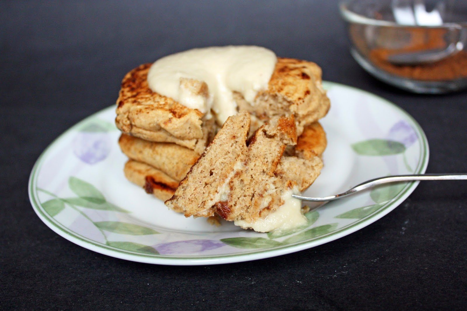easy vegan cinnamon roll pancakes with cream cheese glaze
