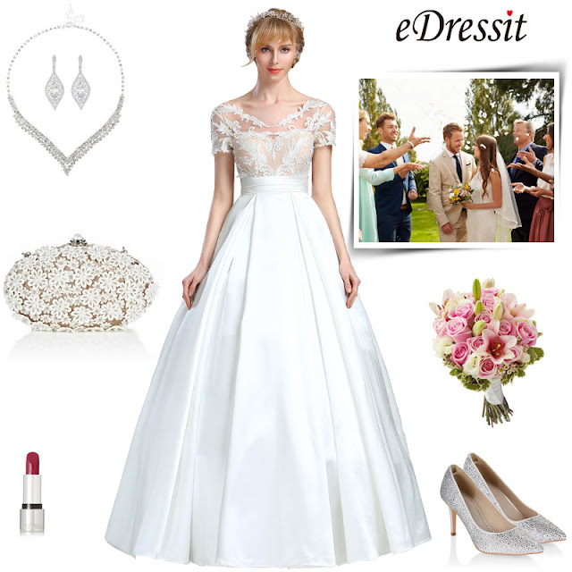eDressit Short Sleeves Lace Applique Wedding Dress