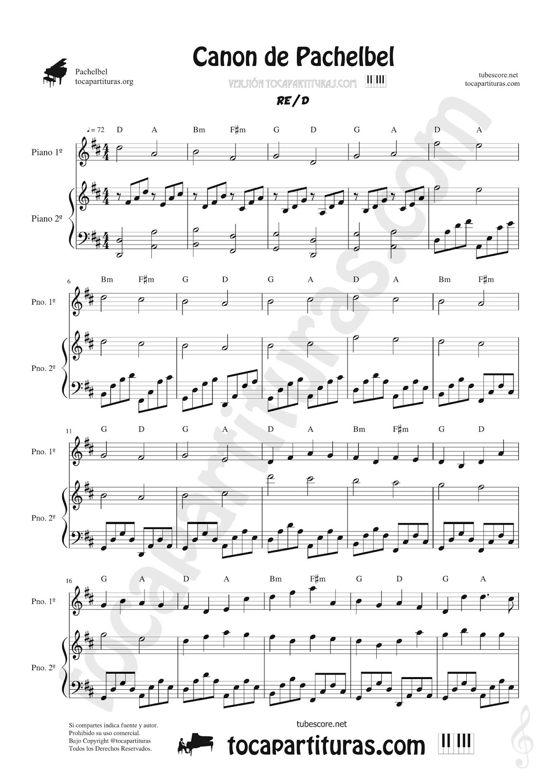 tocapartituras Canon de Pachelbel Partitura de Piano en Re Mayor y Do Mayor a dos manos (Canon