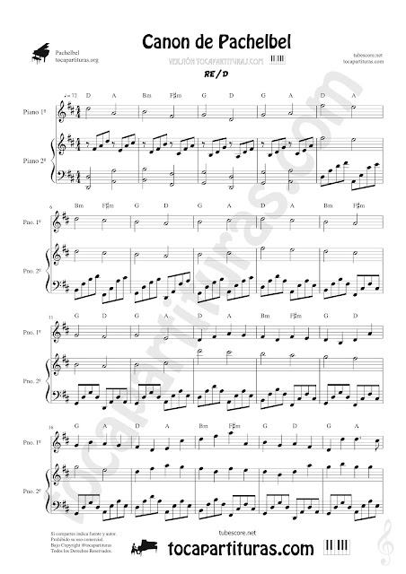 Hoja 1 Canon de Pachelbel para Piano en Re Mayor Partitura a dos manos. El arreglo lleva la Melodía a dos voces adaptada junto al acompañamiento fácil. Pianists Sheet Music for 2 Piano in D (easy accompaniment) by Pachelbel