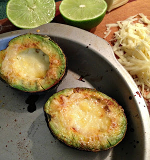 Avocado with chili powder, lime and sharp cheddar broiled until bubbly