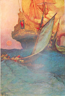 A lushly colored illustration of a rowboat of figures behind a large ship.