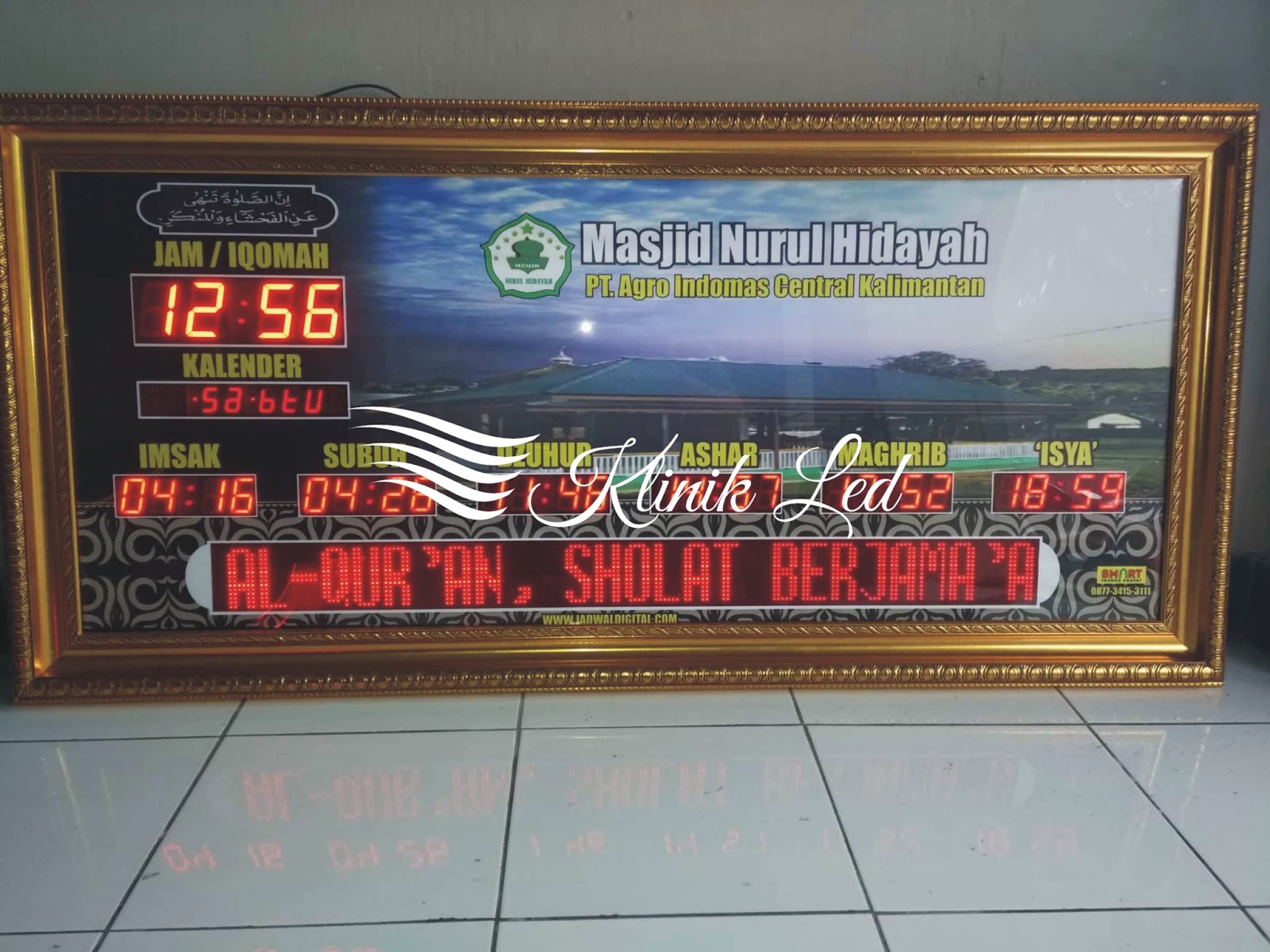 Jam jadwal waktu sholat sholat digital + alarm + timer jeda iqomah + Running Text Nomer Hp