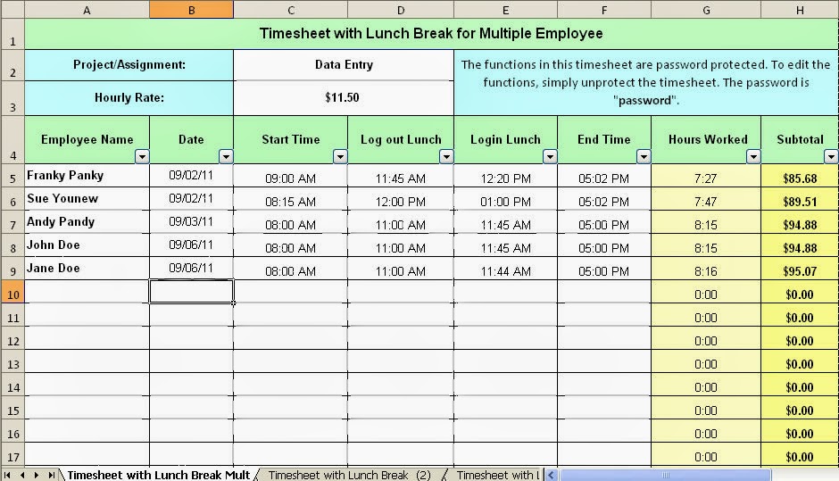 calculate timesheet with lunch