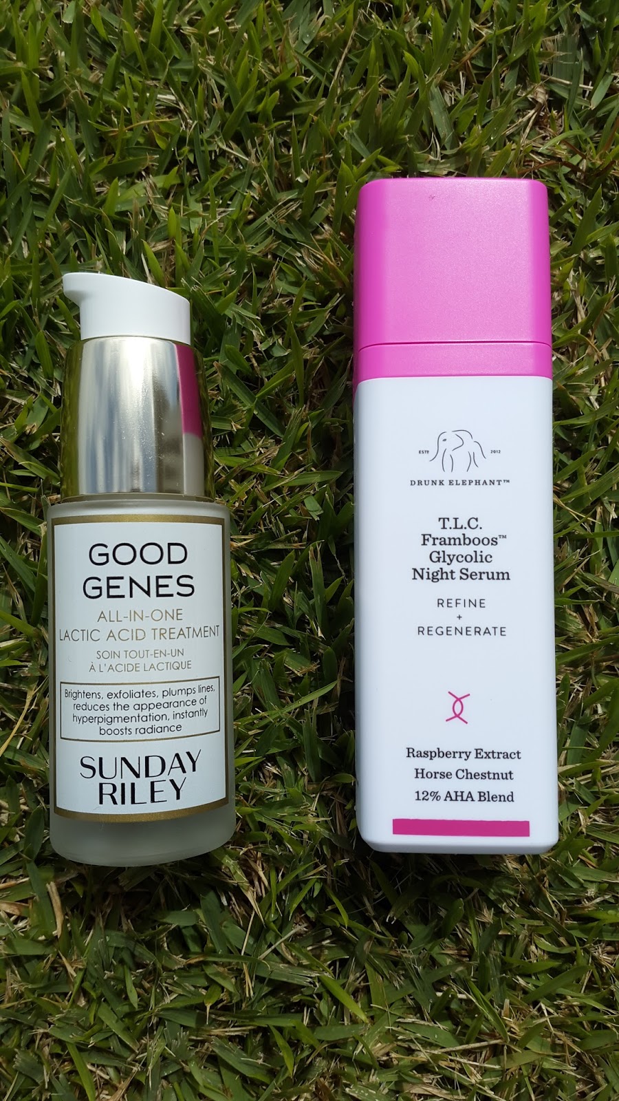 Sunday Riley Good Genes versus Drunk Elephant T.L.C Framboos Glycolic