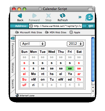 The Calendar snippet display with IE 5.2.3 for Mac