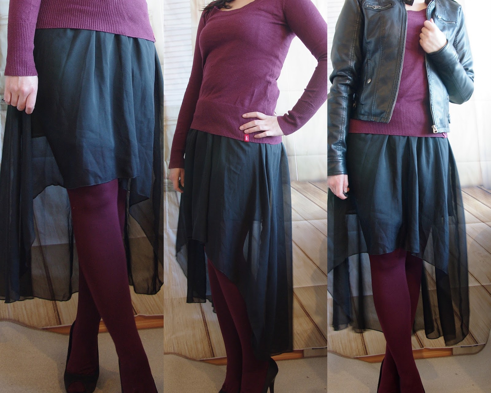 Vokuhila Skirt, colored tights, sweater and leather jacket Outfit