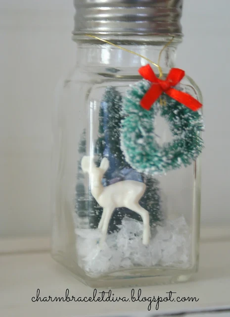 DIY vintage salt and pepper shaker snow globes mini reindeer bottle brush tree