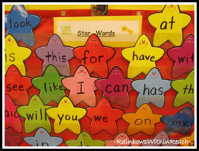 photo of: "Star Words" Handwritten on Laminated colorful Templates from Word Wall Round-Up