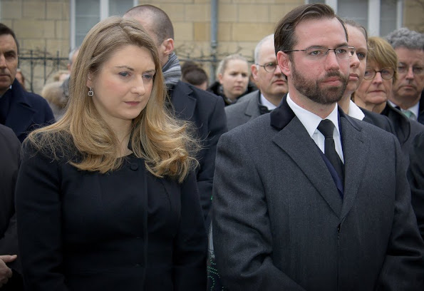 Hereditary Grand Duke Guillaume of Luxembourg and Hereditary Grand Duchess Stéphanie of Luxembourg attended the moment of silence at the Belgian Embassy. jewelery, diamond earring, diamond rings, baracelet, newmyroyals, new myroyals, new my royals