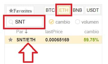 abrir mercado SNT/ETH en binance comprar Status SNT moneda por ethereum en binance
