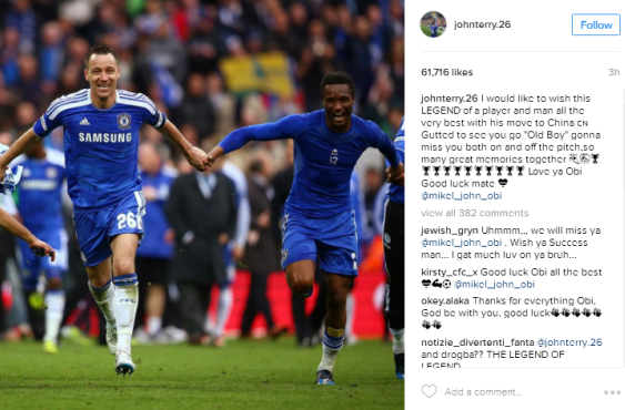 m John Terry describes John Mikel as a Legend as he congratulates him on his new deal with Chinese club