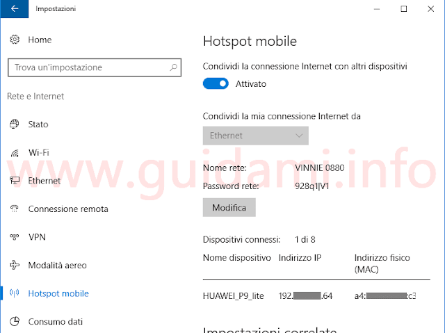 Windows 10 Impostazioni Hotspot mobile Ethernet via WiFi