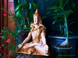 Right View Lord Shiva Mini Statue On The Stone With Tiny Decorative Flower Plants In The Room