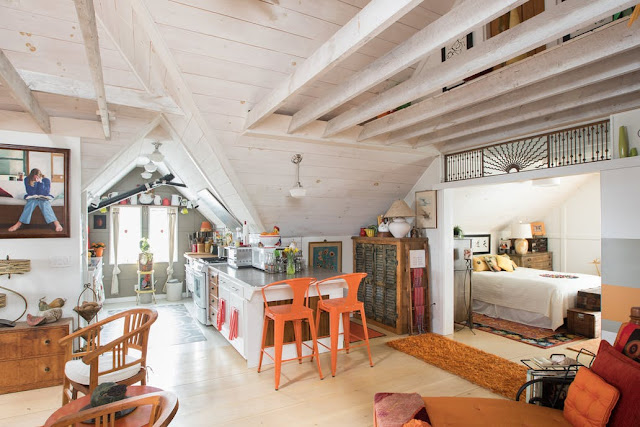‘Politician in recovery’ invents ‘crap-whisperer’ boho in NH attic - living into bedroom view www.bohohome.com @bohosusan