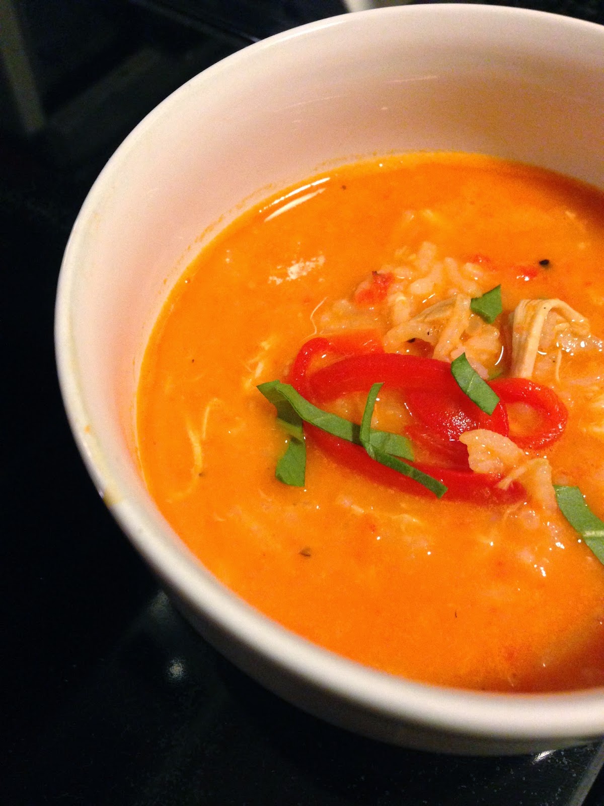 Creamy Roasted Red Pepper and Chickpea Soup with Chicken and Rice