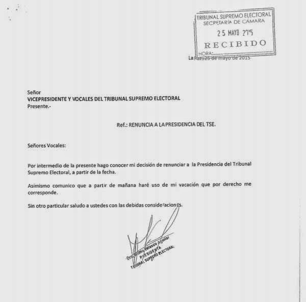 Carta de renuncia de la presidenta del Tribunal Supremo 