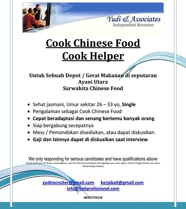 Bali Job Vacancy Hhrmabali {HHRMABali} Cook Chinese Food & Helper