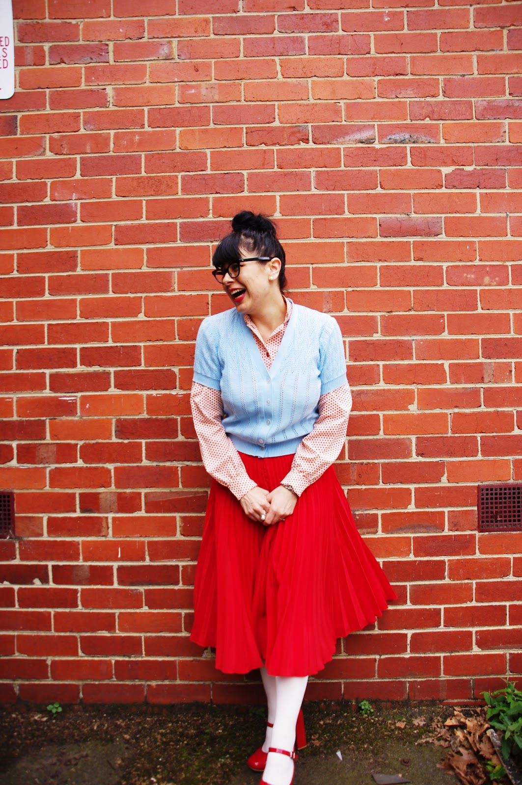 Miss Tallulah Porkchop fridays outfit red pleated skirt