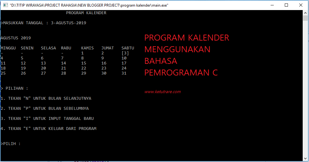 Contoh Pemrograman C Aplikasi Pembuatan Kalender Ketutrare