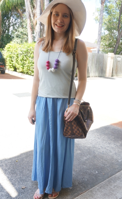 sun hat, metallic tank, chambray denim maxi skirt Louis Vuitton speedy bandouliere Summer picnic outfit | AwayFromBlue