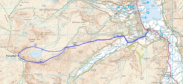 Map walking route Striding Edge, Helvellyn, walk, hike, route, Patterdale, Glenridding, Ullswater, Lake District