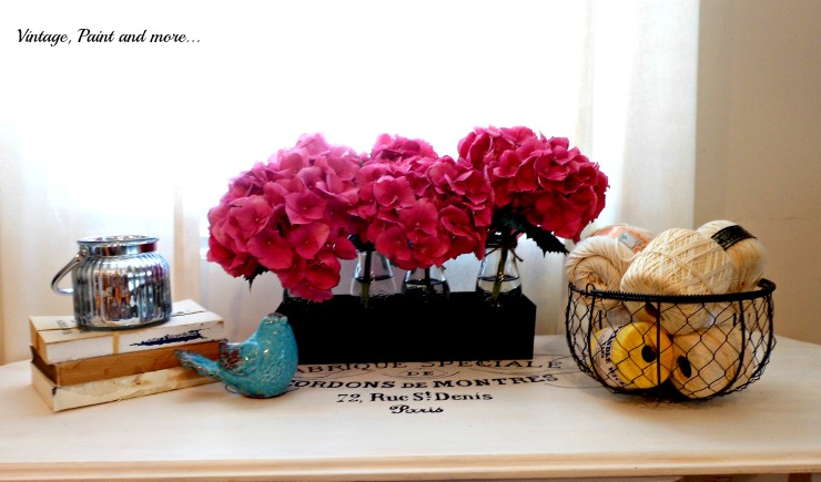 Vintage, Paint and more... hydrangeas in the decor with mercury glass votive and wire egg basket