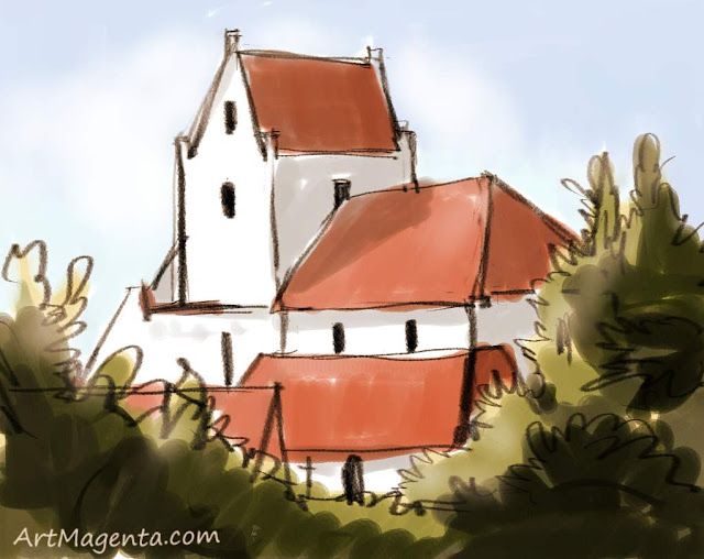 Dalby church is a drawing by artist and illustrator Artmagenta