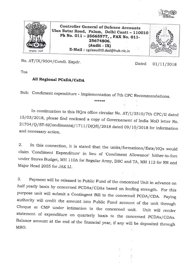 7th CPC – Payment of Condiment Expenditure in lieu of Condiment Allowance reg. 7th CPC – Payment of Condiment Expenditure in lieu of Condiment Allowance reg.